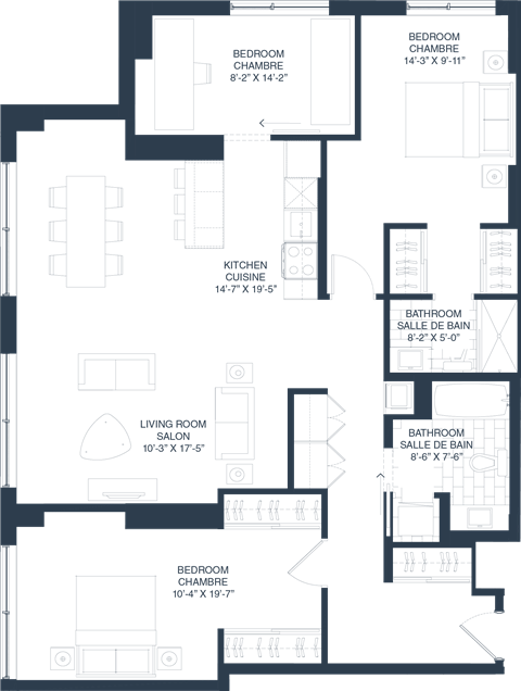 Floor plan for 3 beds, 2 baths, 1480 sqft